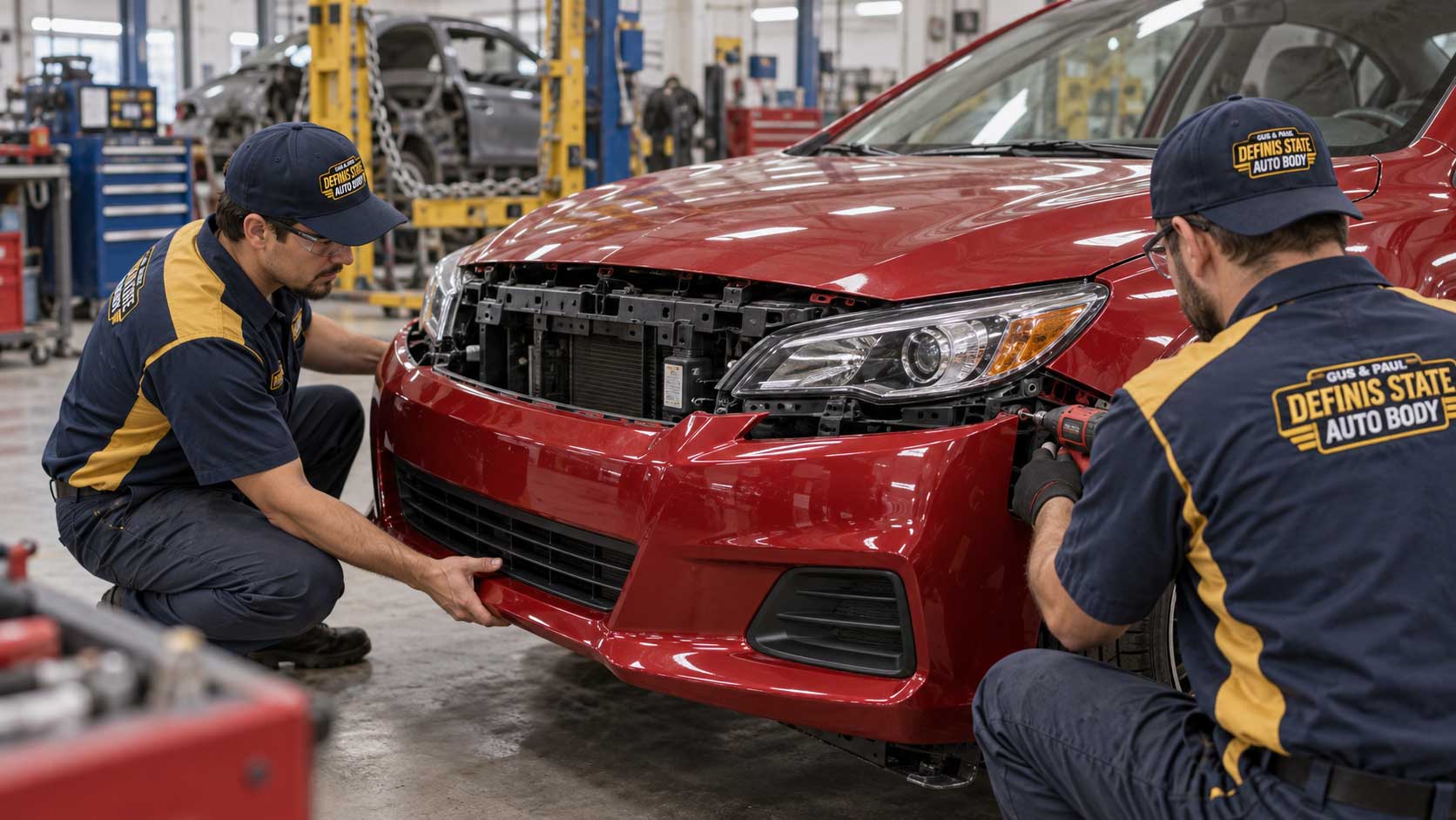 Collision repair Bucks County by Definis Auto Body, Torresdale Avenue near I-95 and State Road, free estimates and free 24 hour towing for Croydon and Andalusia.