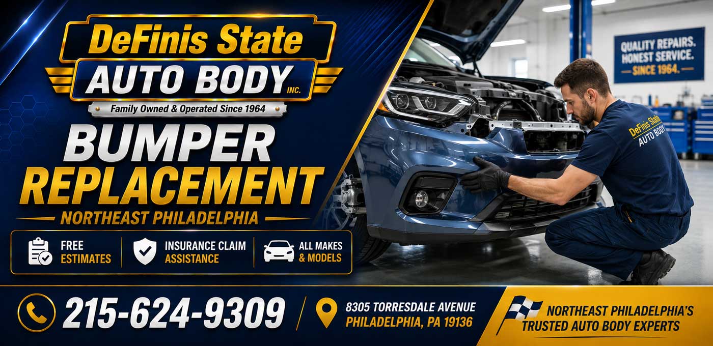 Bumper Replacement 19136 Northeast Philadelphia for Holmesburg, Morrell Park and Pennypack. Bumper repair, collision repair, dent repair, paint refinishing, insurance claim assistance, cars, trucks, fleet vehicles and FREE Estimates.